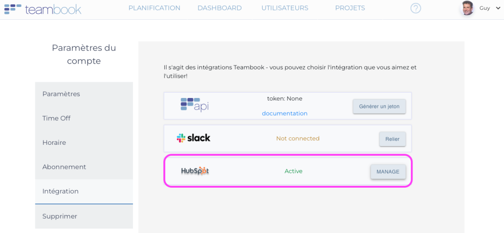 intégration Hubspot dans Teambook 1